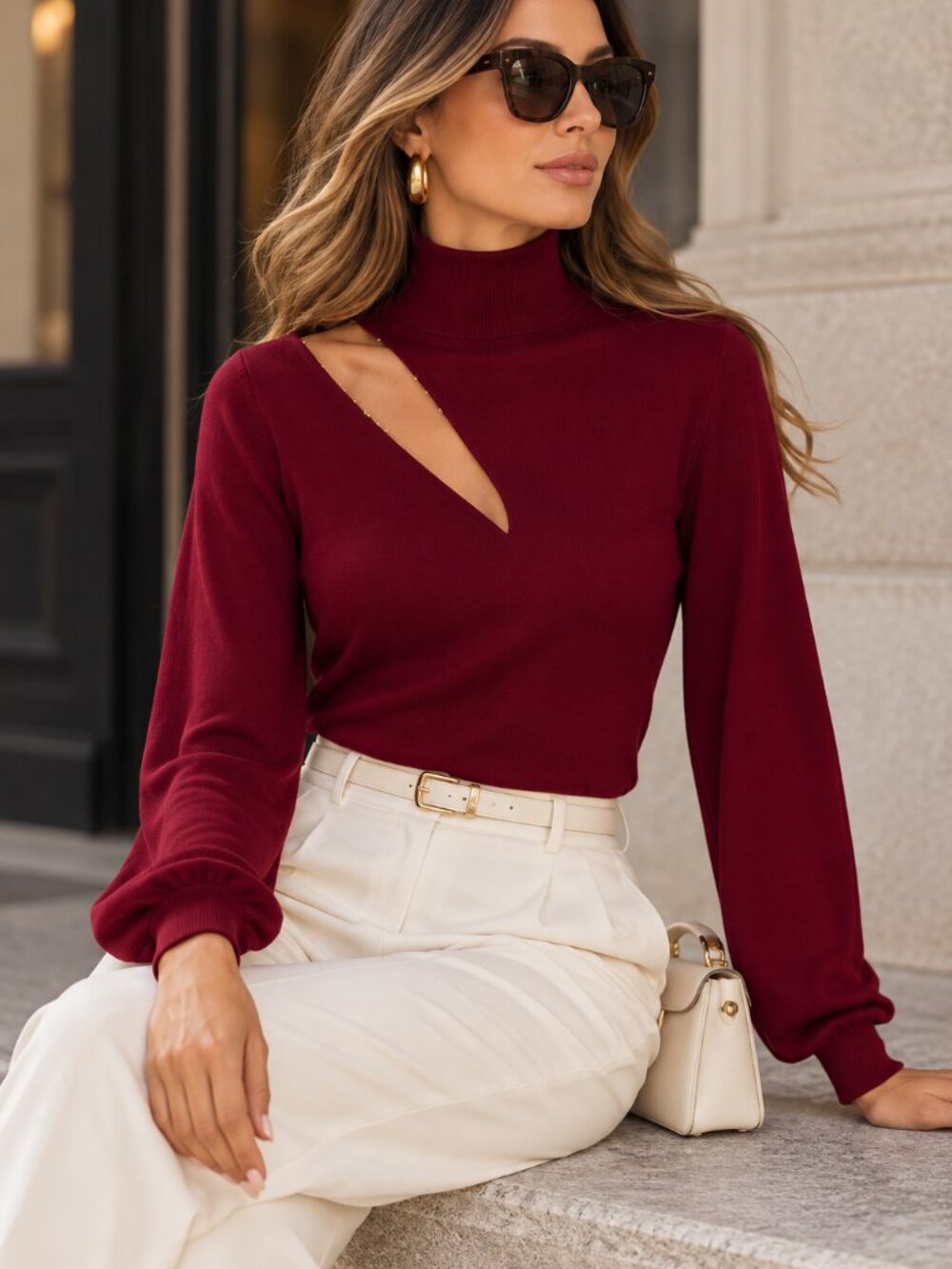 Nicholas Karima Mock Neck Top in Ruby Cut out Detailing with closure NWT